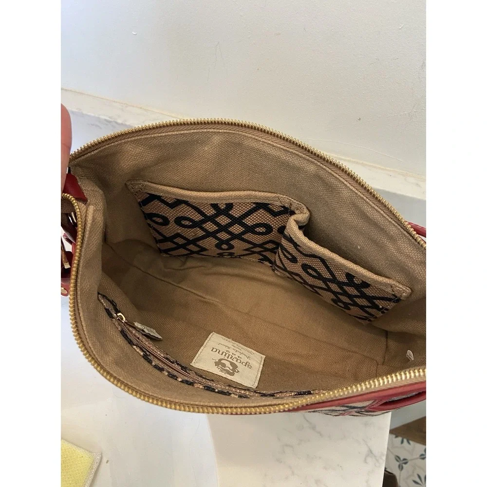 SPARTINA 449 Daufuskie Island Brown Black Linen Geometric Red‎ Leather Purse